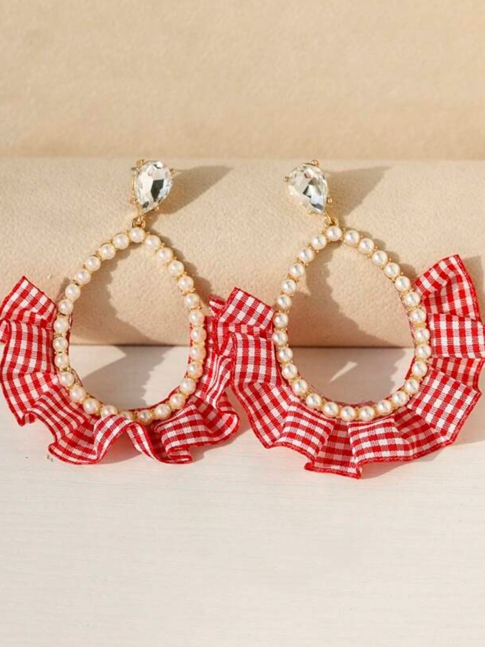 Red Ruffle Pearl Teardrop Dangle Earrings